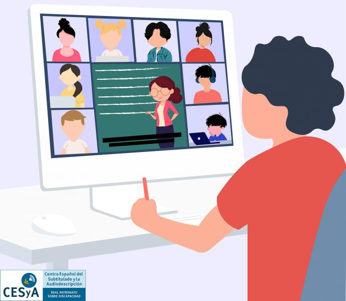 Dibujo de una persona delante de un ordenador con una clase online. 