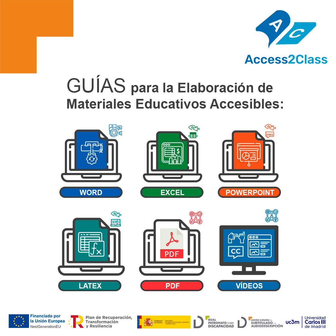 Sobre fondo blanco, en la parte superior, se muestra el logotipo del proyecto Access2Class y el título 'Guías para la Elaboración de Materiales Educativos Accesibles'. Debajo se encuentran iconos de ordenadores portátiles con cada una de las guías correspondientes a: Word, Excel, PowerPoint, LaTex, PDF y Vídeos. 
En la parte inferior logotipos de Fondos Europeos Next Generation; Plan de Recuperación, Transformación y Resiliencia; Real Patronato sobre Discapacidad del Ministerio de Derechos Sociales, Consumo y Agenda 2030; Centro Español del Subtitulado y la Audiodescripción; Universidad Carlos III de Madrid.